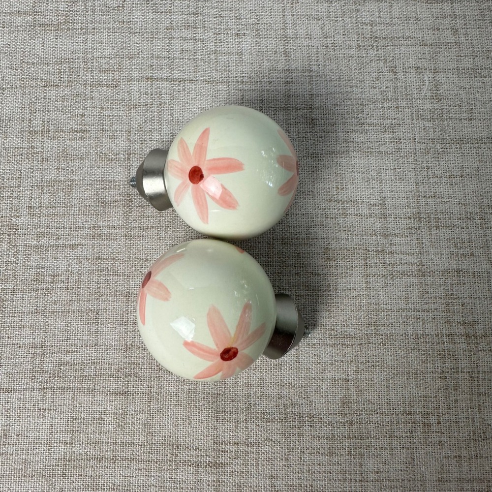 Hand-Painted Porcelain Curtain Rod Finials – Pink Floral – Set of 2
